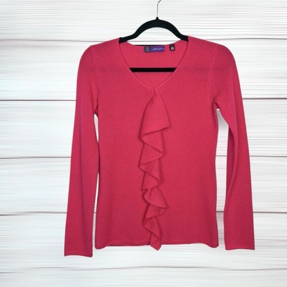Saks Fifth Avenue Cashmere Sweater Raspberry Color V-neck Ruffle Detail XS - Picture 2 of 12